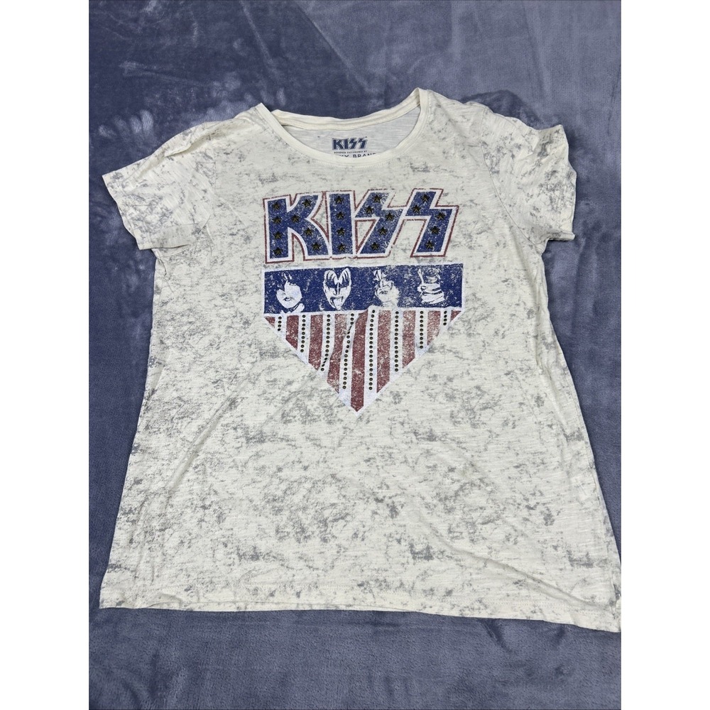 KISS Women's Lucky Brand Short Sleeve Crewneck T-Shirt Star Studs Tan Y2K VTG